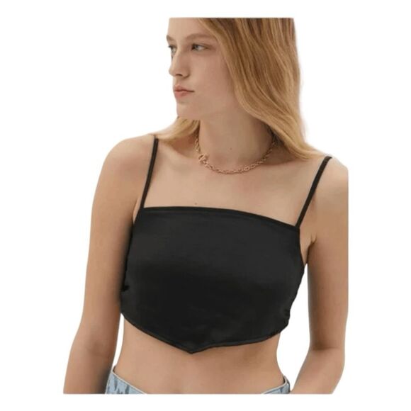Motel Rocks Zashe Satin Tie Back Halter Top Black Spaghetti Straps Cropped S - Picture 1 of 7